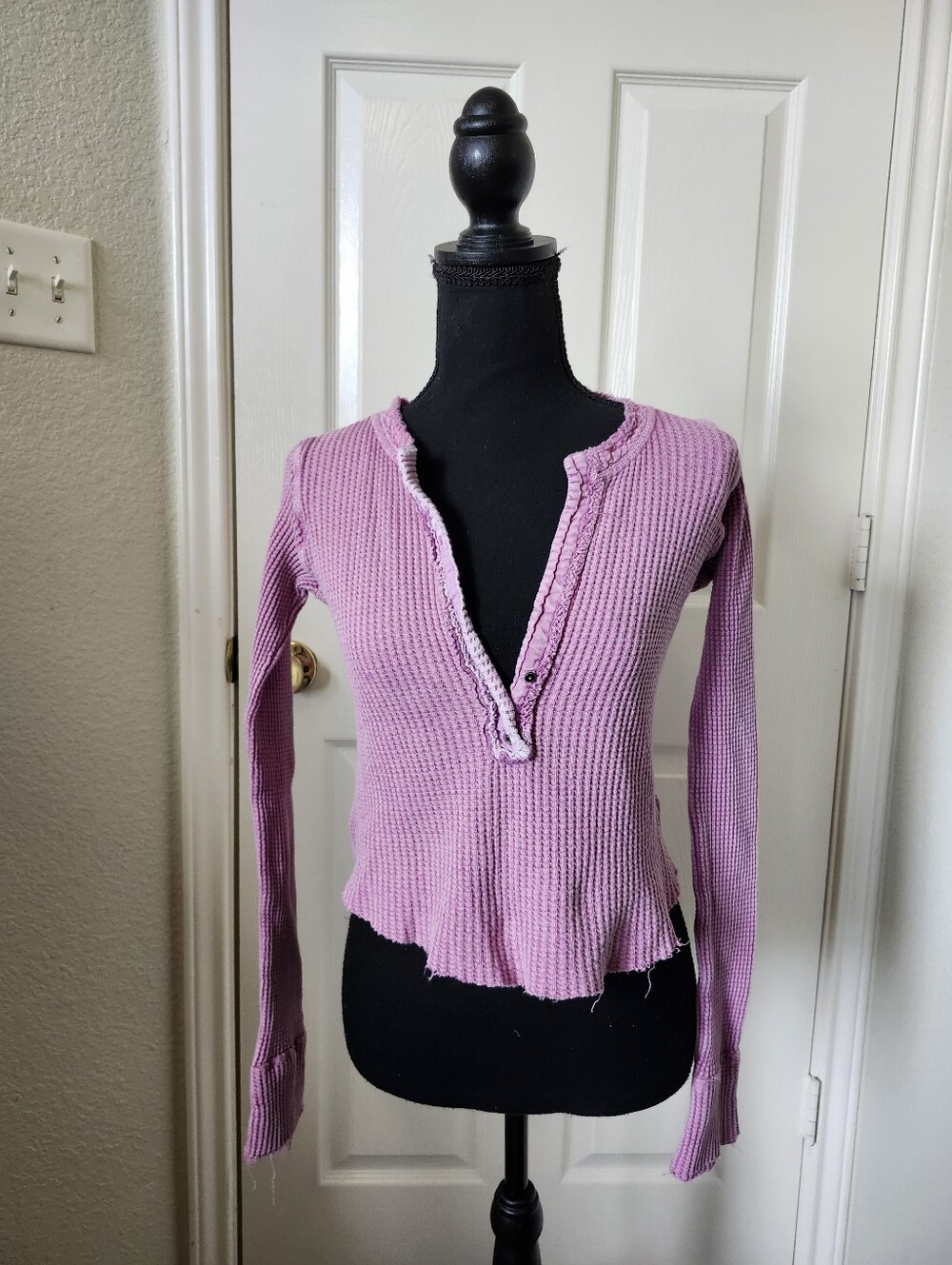 Free People Pink Waffle Henley Long Sleeve Top